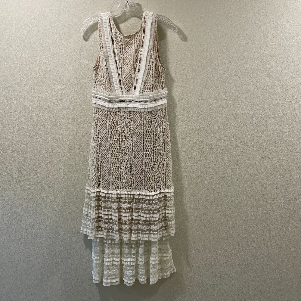 LULUS "Garden Soiree" Lace Overlay Sleeveless Tiered Midi Sheath, Ivory - M - Picture 2 of 9